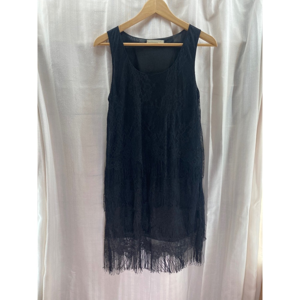 Sullivan Black Lace Fringe Flapper Dress Women's Sleeveless Sheath Mini‎ Medium